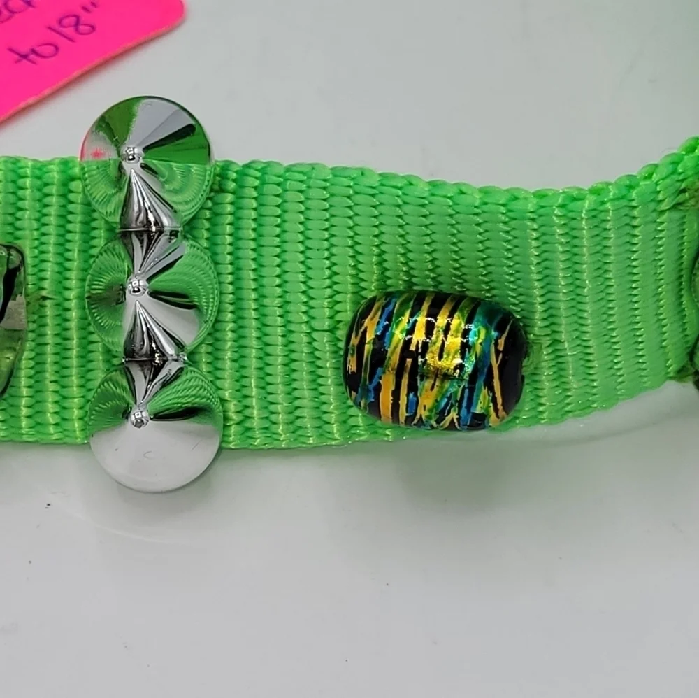Dog Collar PSYCHEDELIC Neon Green Flower Bow Gems And Stones